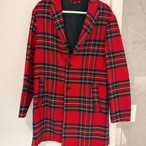 Zara Red Tartan Trench Coat with Navy & Yellow Accents